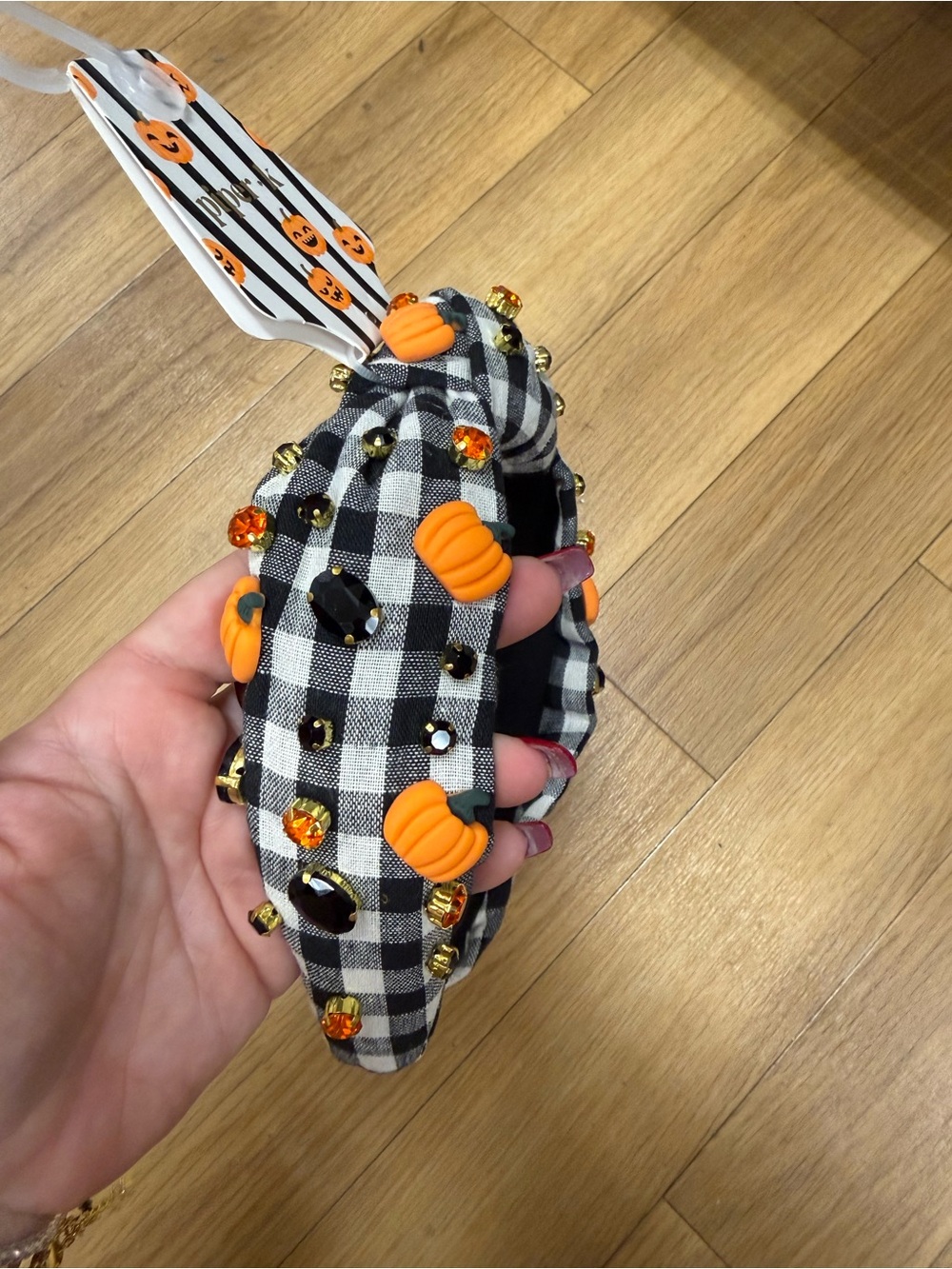 Black & White Gingham Headband with Orange Pumpkin Accents